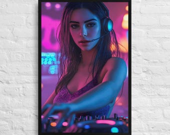 Neon DJ Girl Leinwanddruck gerahmt, EDM Rave Decor