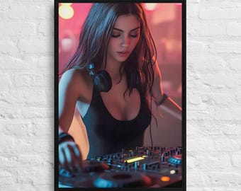 Neon DJ Girl Leinwanddruck, EDM Music Room Decor