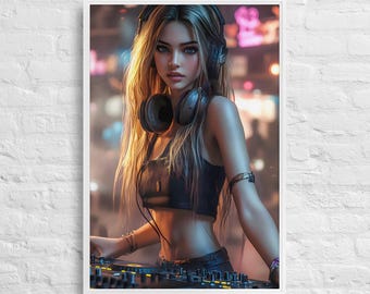 Neon DJ Girl Leinwand Druck, EDM Rave, Gamer Raum Dekor