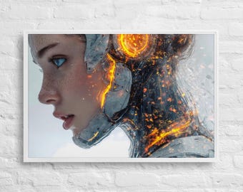 Cyborg Frau Leinwanddruck, Orange Neon Cyberpunk Wandkunst
