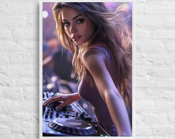 Glam DJ Girl Leinwanddruck, Lila Neon Rave Art