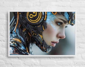 Kybernetische Frau gerahmte Leinwand, futuristische KI-Kunst, Spielraum-Dekor
