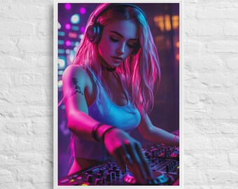 Neon DJ Girl Leinwanddruck, EDM Musik Decor, Spielzimmer Kunst