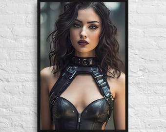 Goth Leder Harness Frau Wand Kunst Druck, Dark Glam Portrait Dekor, Alternative Ästhetik, Industrial Noir Schlafzimmer Kunst, Leinwand Druck