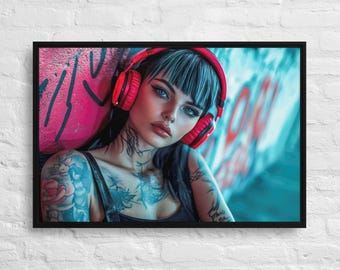 Tätowierte Mädchen Porträt Leinwand Druck, Neon Graffiti, Cyberpunk Musik Liebhaber Dekor