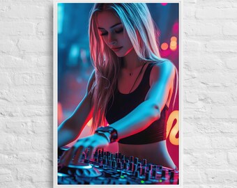 Neon DJ Girl Leinwanddruck, EDM Club Dekor, Spielzimmer Kunst