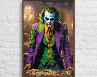 The Joker Framed Canvas Print, Cinematic Villain Portrait, Game Room Decor