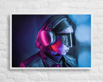 Cyberpunk Mädchen Porträt, Neon VR Kunst, Gamerzimmer Dekor