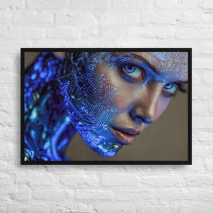 May include: Framed art print showing a close-up of a person's face with blue circuit board patterns on the skin. The eyes are bright blue, creating a futuristic, digital aesthetic.