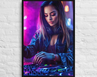 Neon DJ Woman Leinwanddruck, EDM Musik, Gamer Raum Dekor