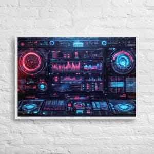 May include: A framed print featuring a futuristic control panel design. The artwork showcases a complex arrangement of digital displays, gauges, and data visualizations in shades of red, blue, and black. The overall aesthetic is reminiscent of science fiction or technological interfaces.