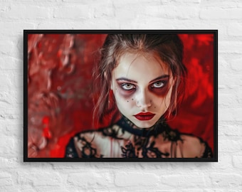 Gothic Vampire Mädchen Leinwand Druck, dunkelrotes Portrait, Horror Dekor