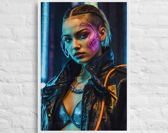 Cyberpunk Girl Portrait, Druck auf Leinwand, Neon Blau Lila Glow, Sci-Fi