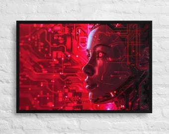 Red Cyberpunk AI Portrait gerahmte Leinwand, Sci-Fi Tech Wandkunst