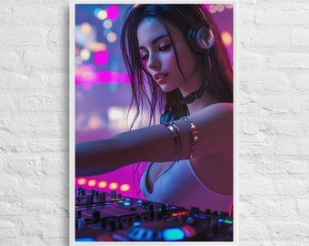 Neon DJ Woman Leinwanddruck, rosa lila Clublichter, EDM Rave Decor