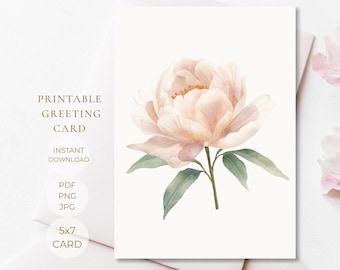 Printable Greeting Card, Blush Peony Watercolor, Minimal Floral Thank You Note for Her, Botanical Printable Card, Instant Download
