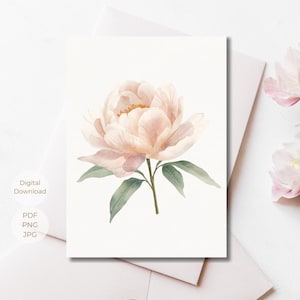 Carte de voeux imprimable, aquarelle pivoine blush, note de remerciement floral minimal pour la fête des mères, téléchargement immédiat