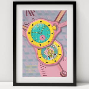 May include: A framed print featuring two pink and yellow watches with teal and yellow watch faces. The watch hands point to the time. The text "Royal Pop" is visible on the watch face. The background is a light pink and blue pattern.