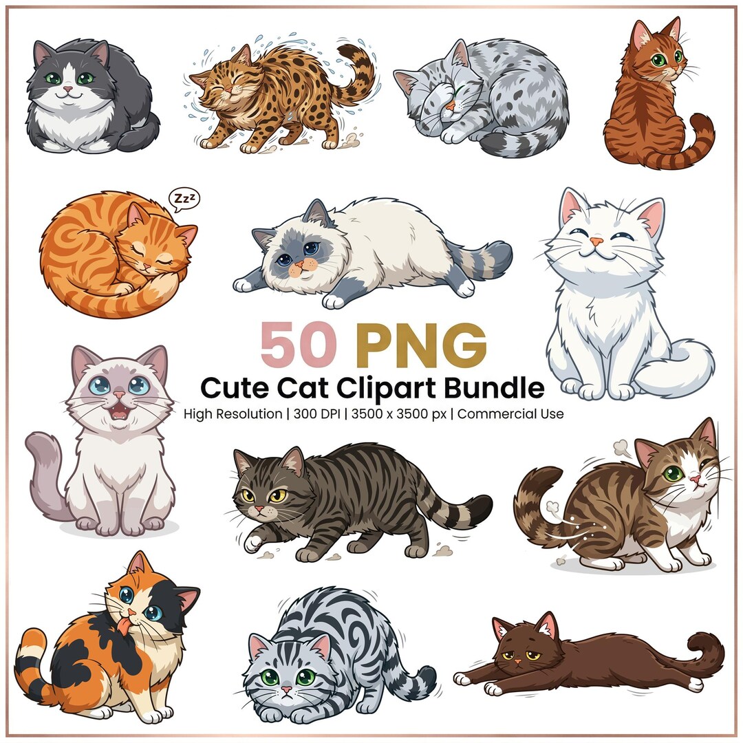 50 Cute Cat PNG Clipart Bundle, Transparent Background, 300 DPI ...