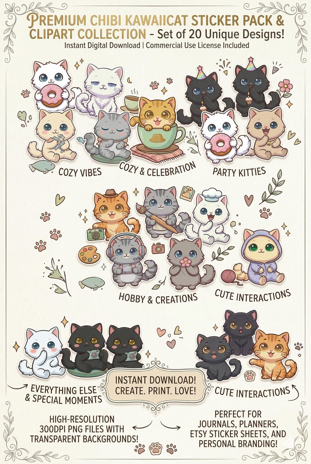 Kawaii Cat Clipart Bundle, Chibi Kitten PNG Graphics, Pastel Animal ...