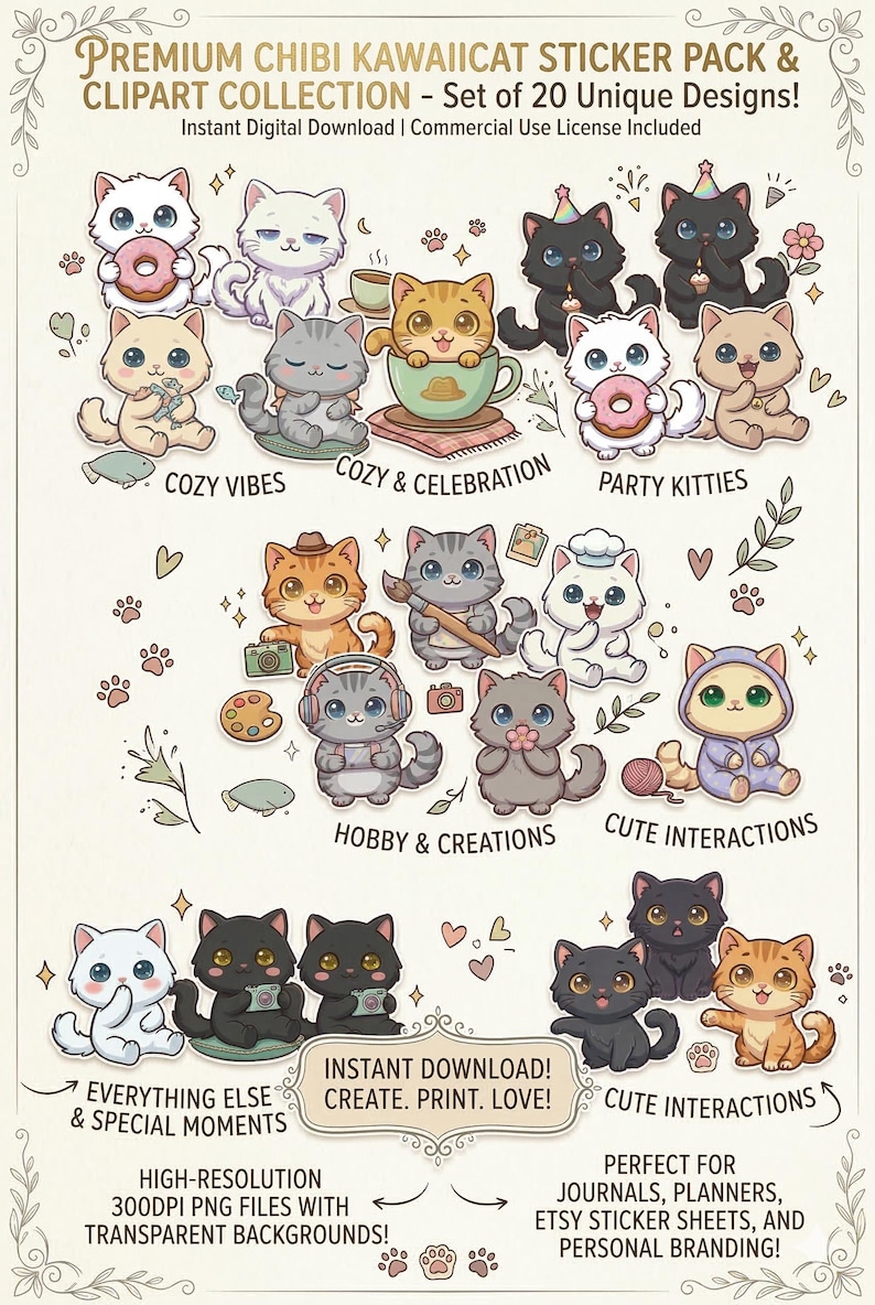 Kawaii Cat Clipart Bundle, Chibi Kitten PNG Graphics, Pastel Animal ...