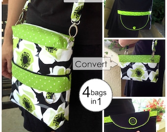 Sewing Pattern: Digital, Convertible Reversible Bag, expandable, 4-in-1, evening bag, crossover, small bag, handbag, clutch, purse,