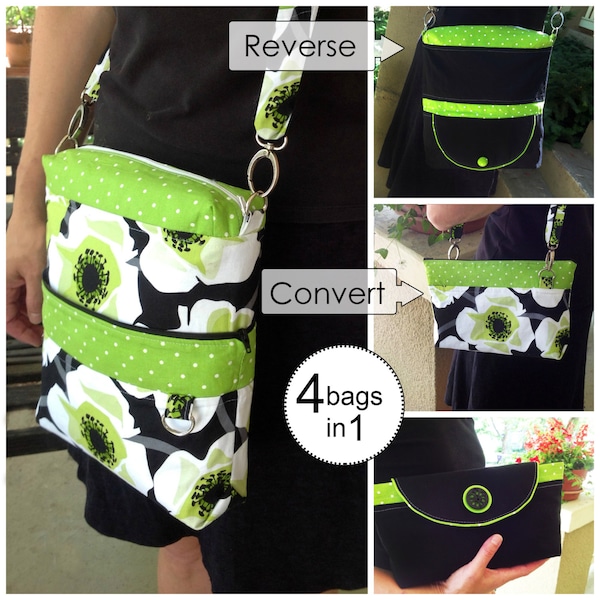 Sewing Pattern: Digital, Convertible Reversible Bag, expandable, 4-in-1, evening bag, crossover, small bag, handbag, clutch, purse,