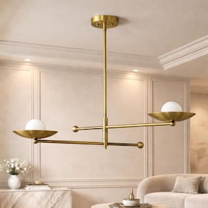 Modern Brass Chandelier | 2-Light Farmhouse Ceiling Fixture | Black Disk & Opal Globe Dining Room Light