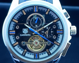 Vintage Tag Heur Carrera Chrono Automatic Black Dial, Silver Case, Black Rubber strap, Open-Heart Tourbillon, Transparent Back Men's Watch