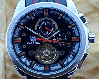 Vintage Tag Heur Carrera Chrono Automatic Black Dial, Silver Case, Black Rubber strap, Open-Heart Tourbillon, Transparent Back Men's Watch