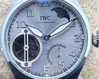 Vintage IWC Schaffhausen Moon phase Tourbillon Automatic White Dial, Silver Case, Black Leather Strap, Transparent Back Men Wristwatch