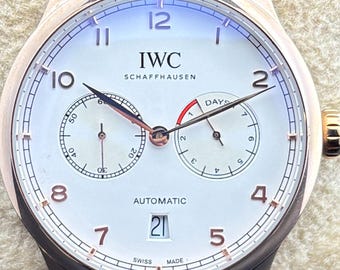 Vintage IWC PORTUGIESER 7 Days Power Reserve Automatic White Dial, Brown Leather Strap, Rose Gold Case, Transparent Back, Men's Wristwatch