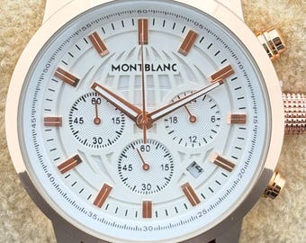 Vintage Men's MONTBLANC Chronograph Quartz White Dial, Brown Leather Strap, Rose Gold Case, Date/Sub-Sec Working Wristwatch