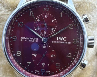 Reloj de pulsera IWC PORTUGIESER Cronógrafo Automático Vintage con Esfera Roja, Correa de Cuero Negra, Caja Plateada, Fondo Transparente, Acero Inoxidable, Reloj de Pulsera para Hombre