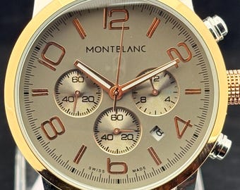 Vintage Men's MONTBLANC Chronograph Quartz Grey Dial, Grey Leather Strap, Silver Case, Date/Sub-Sec Working Wristwatch