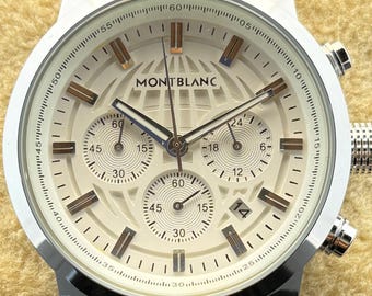 Vintage Men's MONTBLANC Chronograph Quartz White Dial, Brown Leather Strap, Silver Case, Date/Sub-Sec Working Wristwatch