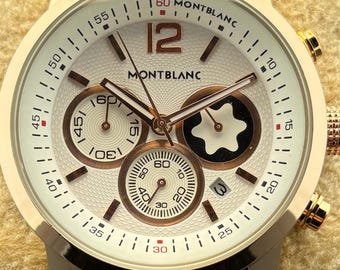 Vintage Men's MONTBLANC Chronograph Quartz White Dial, Brown Leather Strap, Rose Gold Case, Date/Sub-Sec Working Wristwatch