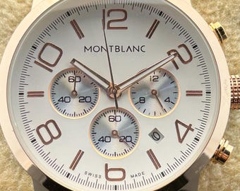 Vintage Men's MONTBLANC Chronograph Quartz White Dial, Brown Leather Strap, Rose Gold Case, Date/Sub-Sec Working Wristwatch