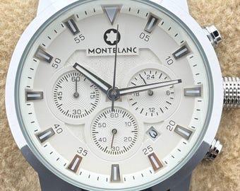 Vintage Men's MONTBLANC Chronograph Quartz White Dial, Brown Leather Strap, Silver Case, Date/Sub-Sec Working Wristwatch