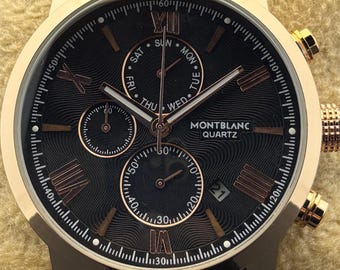Vintage Men's MONTBLANC Chronograph Quartz Black Dial, Black Leather Strap, Rose Gold Case, Date/Sub-Sec Working Wristwatch