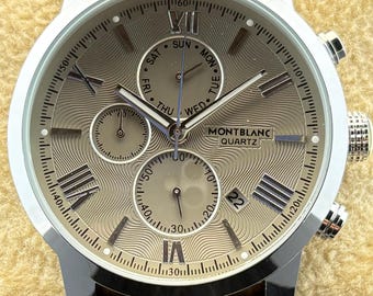 Vintage Men's MONTBLANC Chronograph Quartz Grey Dial, Grey Leather Strap, Silver Case, Date/Sub-Sec Working Wristwatch