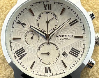 Vintage Men's MONTBLANC Chronograph Quartz White Dial, Brown Leather Strap, Silver Case, Date/Sub-Sec Working Wristwatch