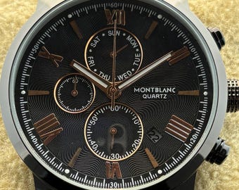 Vintage Men's MONTBLANC Chronograph Quartz Black Dial, Black Leather Strap, Silver Case, Date/Sub-Sec Working Wristwatch