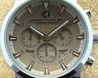 Vintage Men's MONTBLANC Chronograph Quartz Grey Dial, Grey Leather Strap, Silver Case, Date/Sub-Sec Working Wristwatch