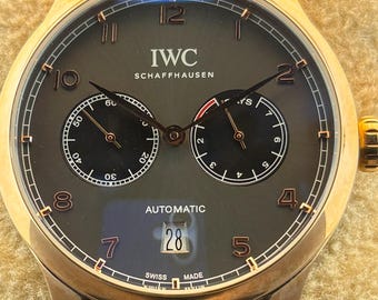 Vintage IWC Schaffhausen 7 Days Power Reserve Automatic Grey Dial, Brown Leather Strap, Rose Gold Case, Transparent Back, Men's Wristwatch