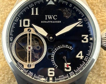 Vintage IWC Schaffhausen Moon phase Tourbillon Automatic Black Dial, Silver Case, Black Leather Strap, Transparent Back Men Wristwatch