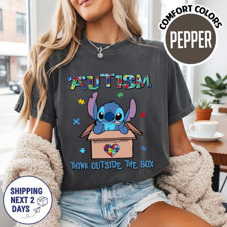 Stitch Autism Think Outside The Box Shirt, Disneyland Stitch Autism Month Tee, Lilo & Stitch Autism Awareness Shirt, Stitch Inclusion Shirt zdjęcie 2