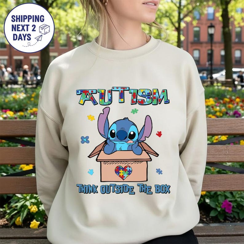 Stitch Autism Think Outside The Box Shirt, Disneyland Stitch Autism Month Tee, Lilo & Stitch Autism Awareness Shirt, Stitch Inclusion Shirt zdjęcie 8