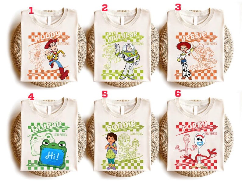 Retro Disneyland Pixar Toy Story All Characters Checkered Signature Shirt, Woody, Buzz, Jessie, Bo Peep, Personalized Group Matching Tee Bild 1