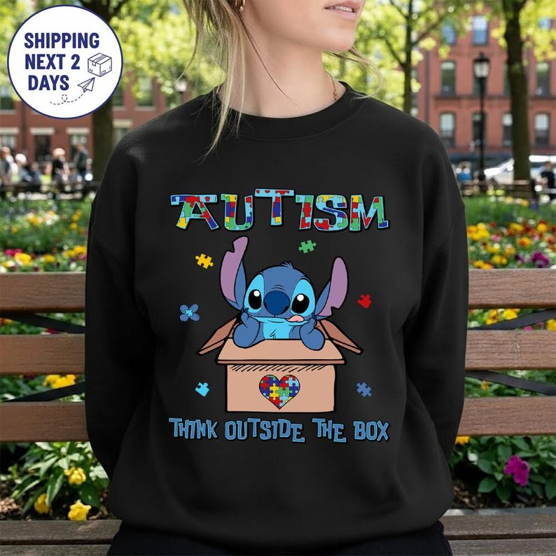 Stitch Autism Think Outside The Box Shirt, Disneyland Stitch Autism Month Tee, Lilo & Stitch Autism Awareness Shirt, Stitch Inclusion Shirt zdjęcie 3